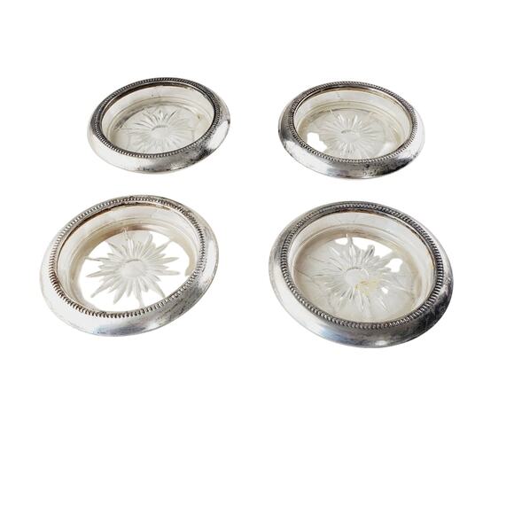 VNTG 1950s Leonard Silverplated Crystal Coasters Italy Set of 4 Starburst Glass - Picture 2 of 7